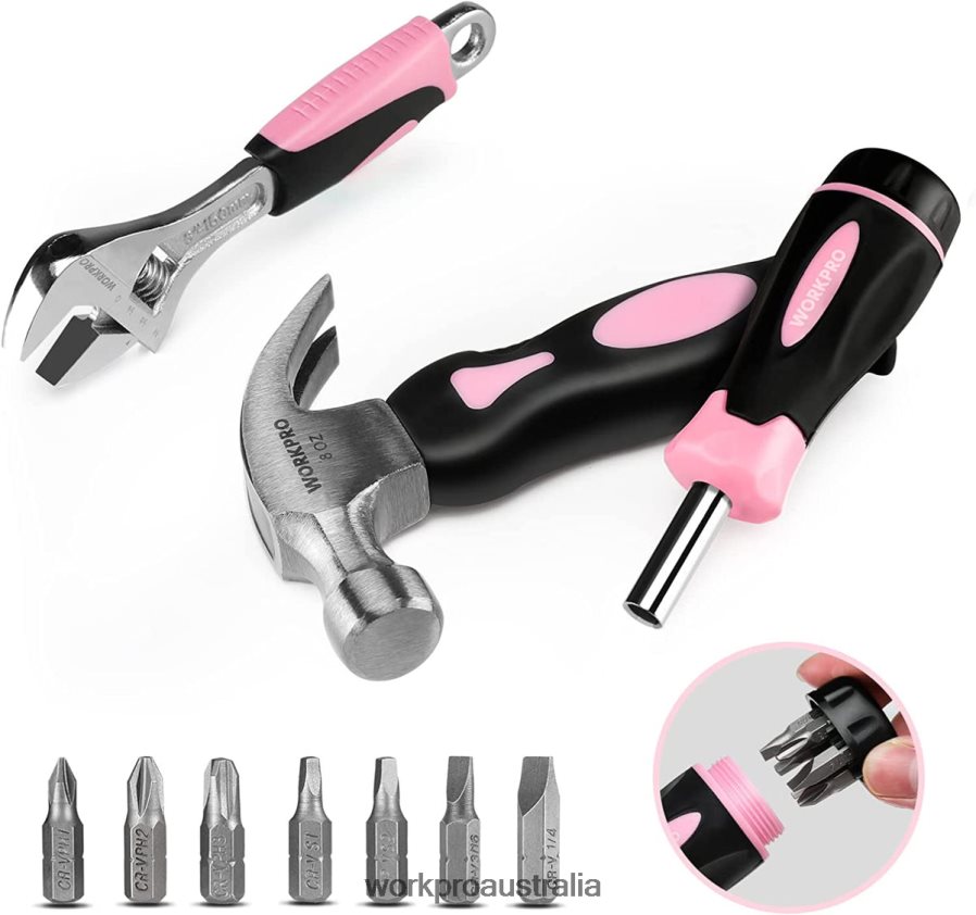 WORKPRO 10 Pcs Household Tools Kit for Women with Screwdriver Bits Holder Set D4R0VT243 Tool Pink