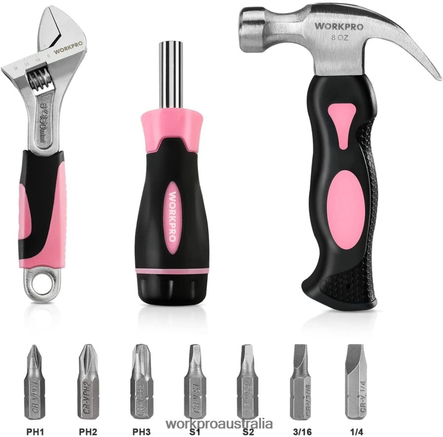 WORKPRO 10 Pcs Household Tools Kit for Women with Screwdriver Bits Holder Set D4R0VT243 Tool Pink