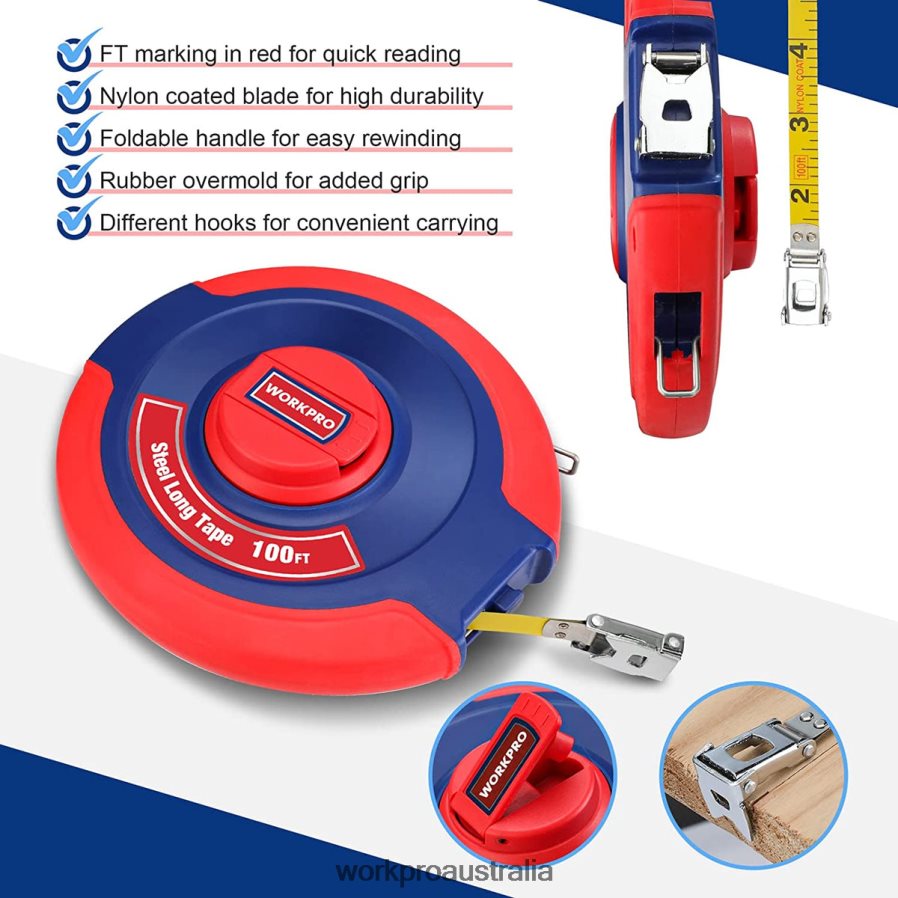 WORKPRO 100 FT Tape Measure Closed Reel Steel Long Tape with Foldable Handle Shock-Resistant Case D4R0VT106 Tool New