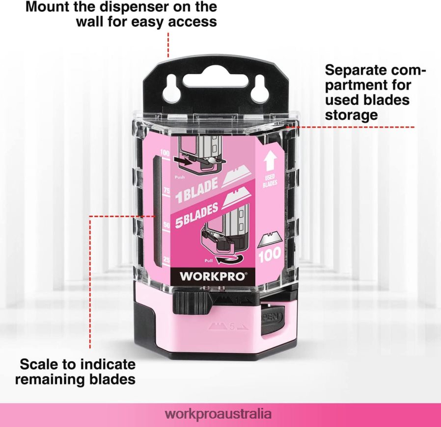 WORKPRO 100 Pcs SK5 Carbon Steel Utility Knife Blades Replacement with Dispenser D4R0VT49 Tool Red/Pink