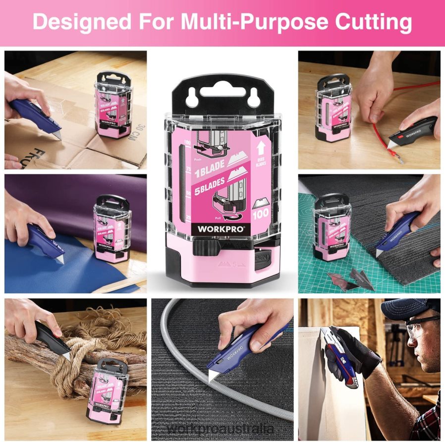 WORKPRO 100 Pcs SK5 Carbon Steel Utility Knife Blades Replacement with Dispenser D4R0VT49 Tool Red/Pink