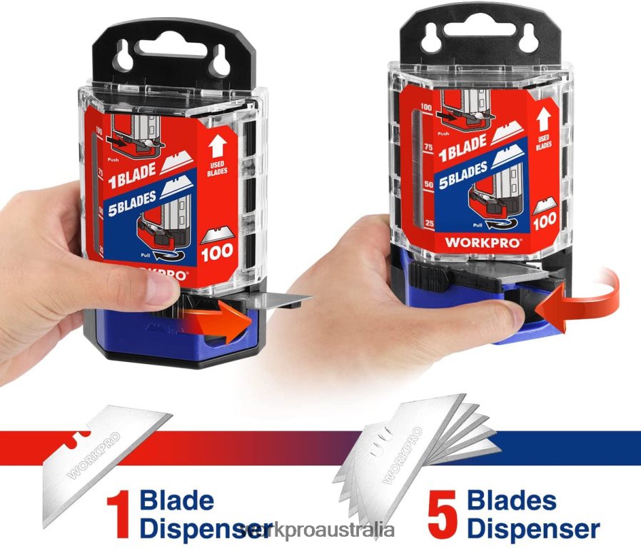 WORKPRO 100 Pcs SK5 Carbon Steel Utility Knife Blades Replacement with Dispenser D4R0VT49 Tool Red/Pink