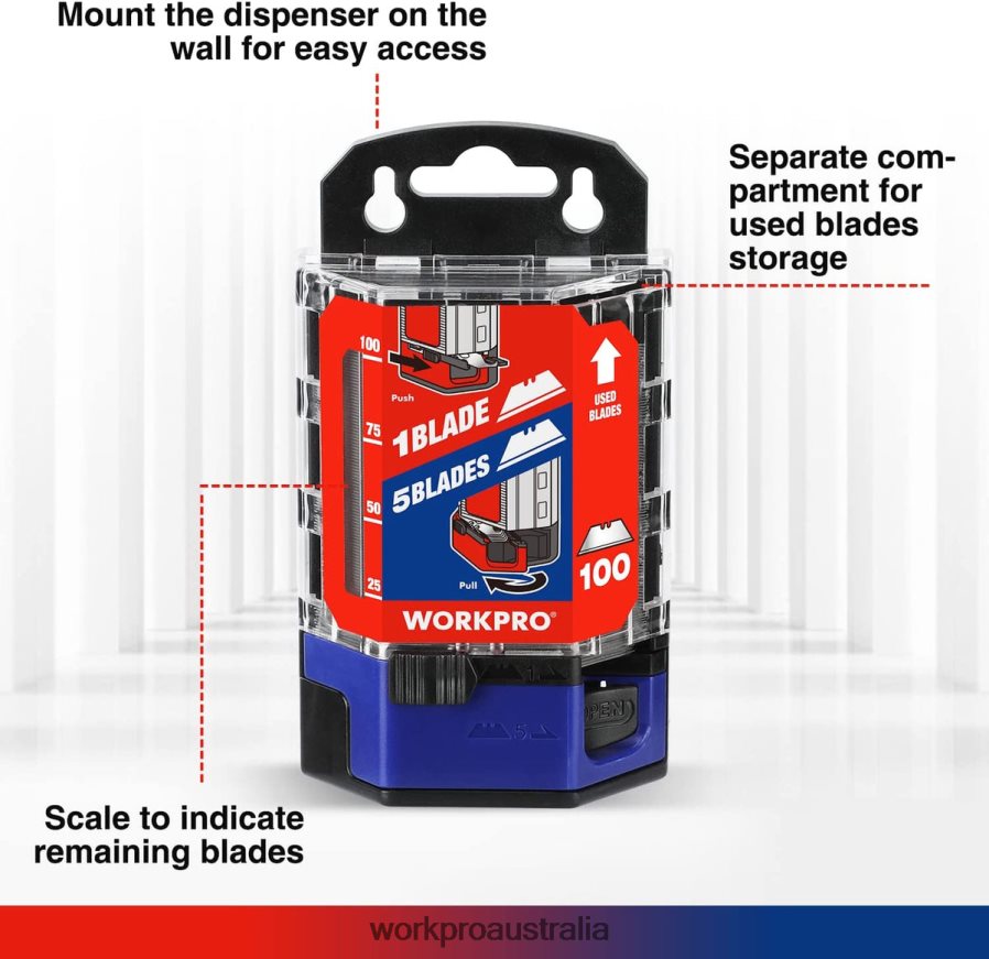 WORKPRO 100 Pcs SK5 Carbon Steel Utility Knife Blades Replacement with Dispenser D4R0VT49 Tool Red/Pink