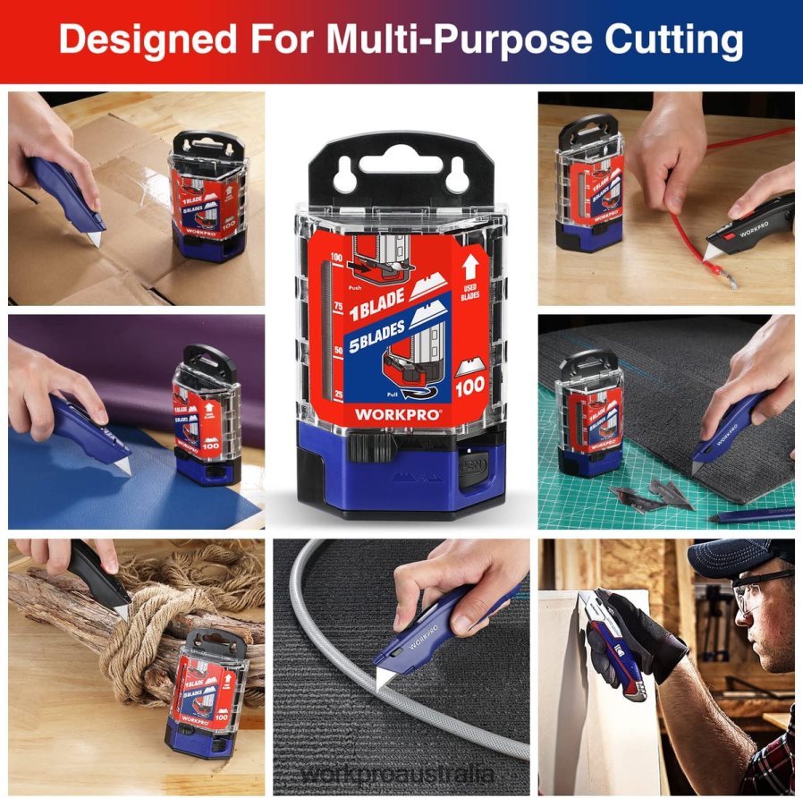 WORKPRO 100 Pcs SK5 Carbon Steel Utility Knife Blades Replacement with Dispenser D4R0VT49 Tool Red/Pink