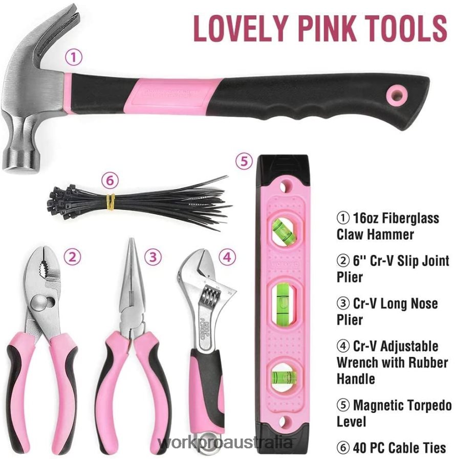 WORKPRO 103 Pcs Tool Kit with Easy Carrying Round Pouch Perfect for DIY Home Maintenance D4R0VT248 Tool Pink