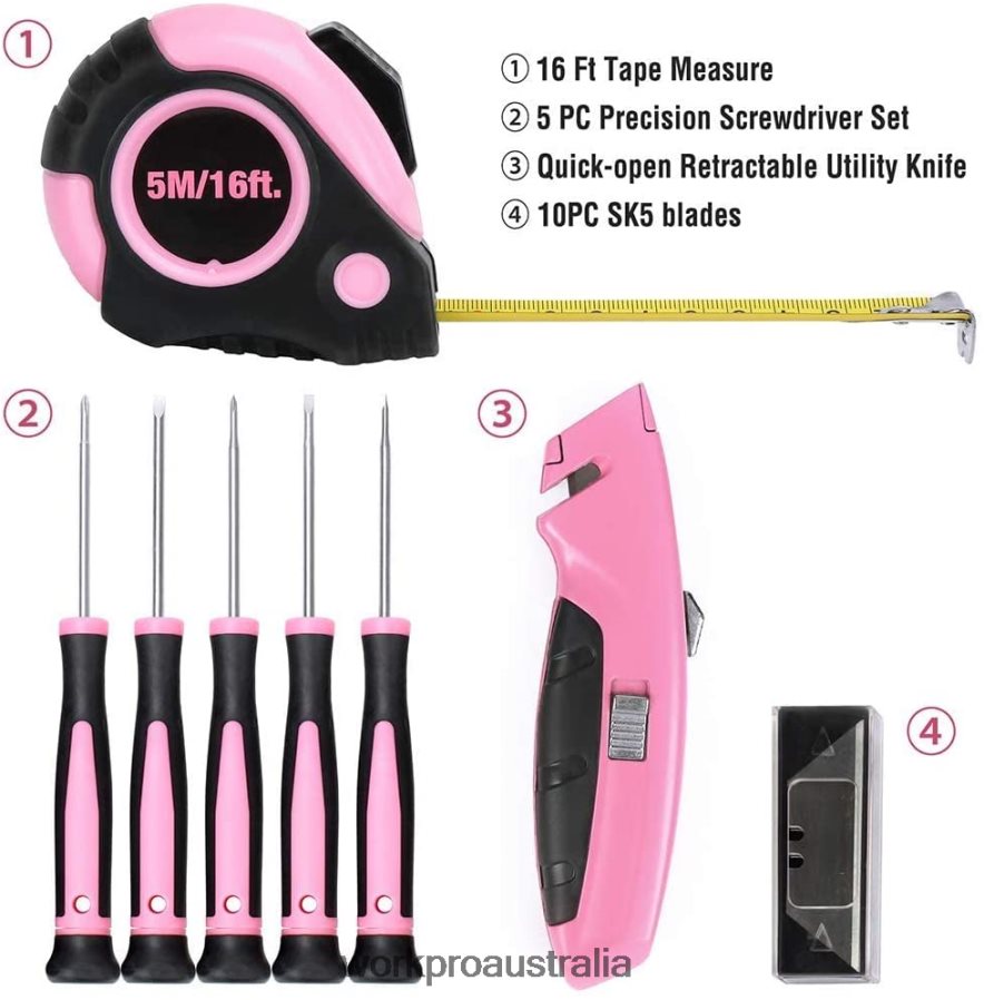 WORKPRO 103 Pcs Tool Kit with Easy Carrying Round Pouch Perfect for DIY Home Maintenance D4R0VT248 Tool Pink