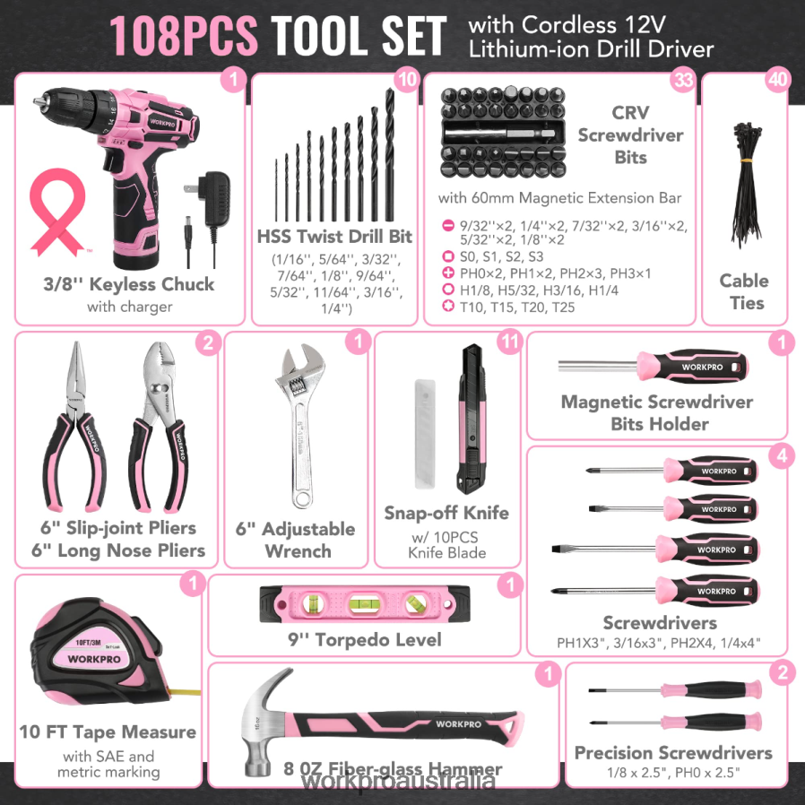 WORKPRO 108-Piece Portable Tool Set with Power Drill D4R0VT173 Tool Pink/Grey
