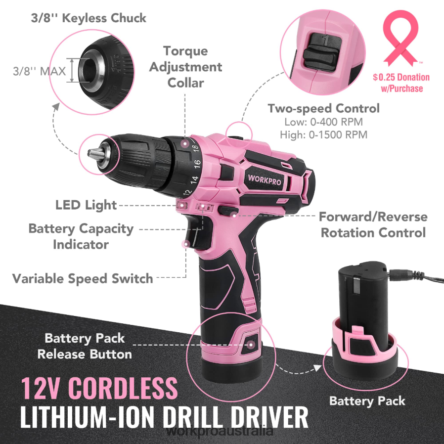 WORKPRO 108-Piece Portable Tool Set with Power Drill D4R0VT173 Tool Pink/Grey