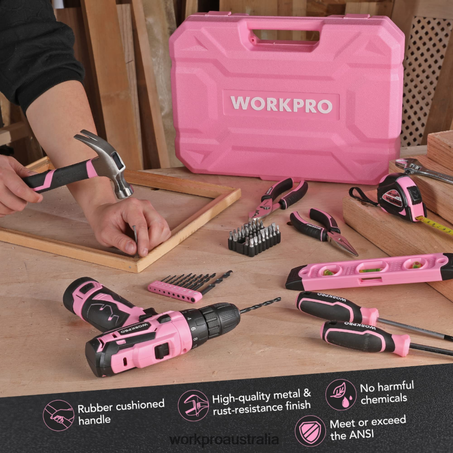 WORKPRO 108-Piece Portable Tool Set with Power Drill D4R0VT173 Tool Pink/Grey
