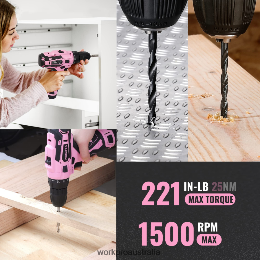 WORKPRO 108-Piece Portable Tool Set with Power Drill D4R0VT173 Tool Pink/Grey