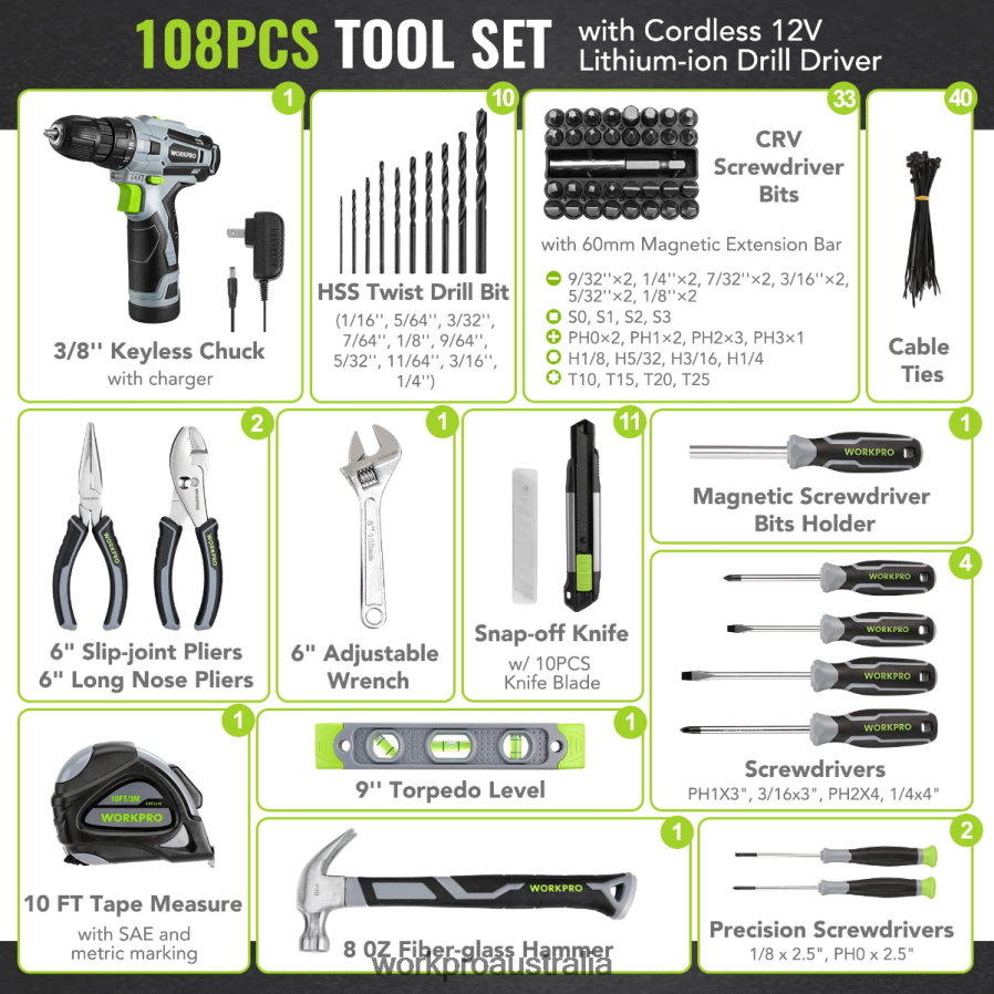 WORKPRO 108-Piece Portable Tool Set with Power Drill D4R0VT173 Tool Pink/Grey