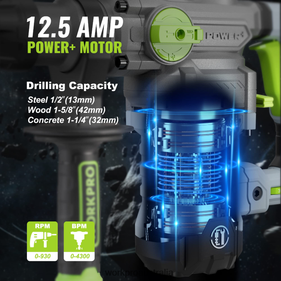 WORKPRO 125AMP 1-1/4 Inch Premium SDS-Plus Rotary Hammer Drill Heavy Duty Corded Version D4R0VT179 Tool Helpful