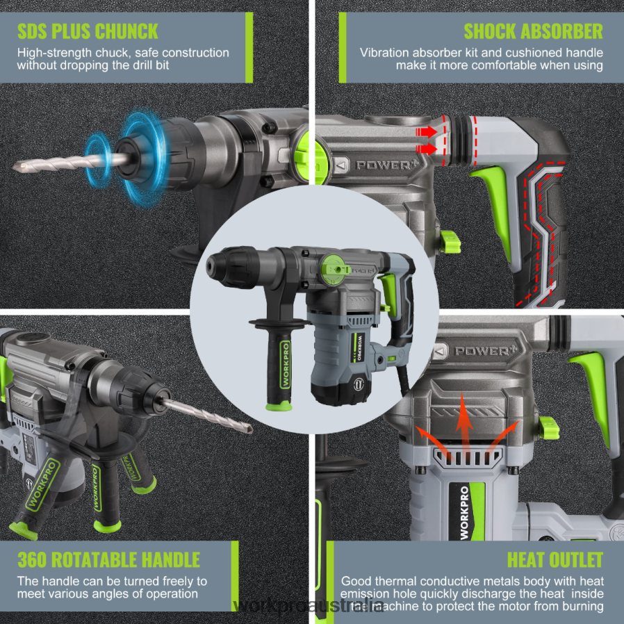 WORKPRO 125AMP 1-1/4 Inch Premium SDS-Plus Rotary Hammer Drill Heavy Duty Corded Version D4R0VT179 Tool Helpful