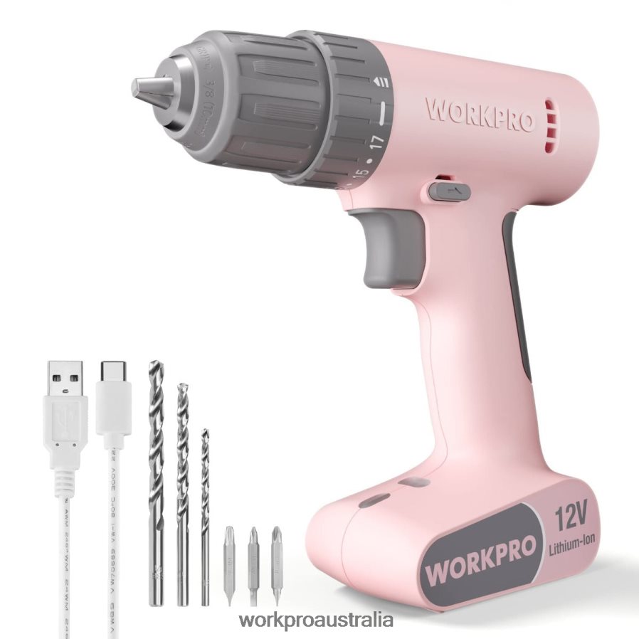 WORKPRO 12V Cordless Drill Driver Set with 6 Pcs Bits 3/8-Inch Keyless Chuck Variable Speed 18 Touque Setting D4R0VT175 Tool Pink/White