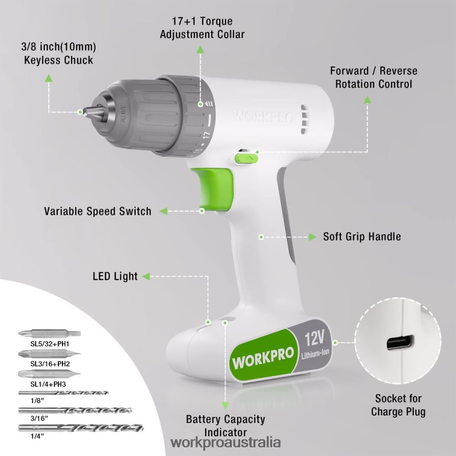 WORKPRO 12V Cordless Drill Driver Set with 6 Pcs Bits 3/8-Inch Keyless Chuck Variable Speed 18 Touque Setting D4R0VT175 Tool Pink/White