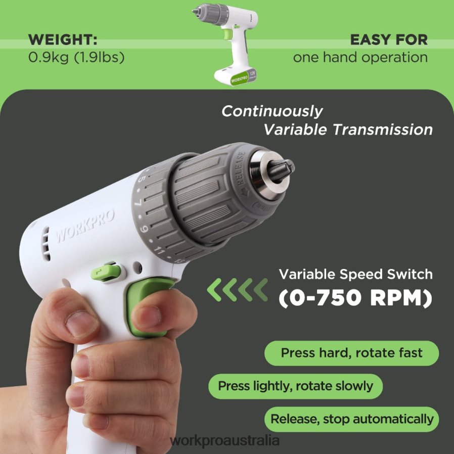 WORKPRO 12V Cordless Drill Driver Set with 6 Pcs Bits 3/8-Inch Keyless Chuck Variable Speed 18 Touque Setting D4R0VT175 Tool Pink/White