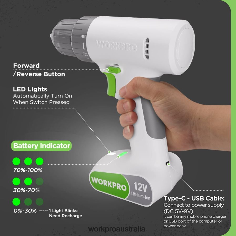 WORKPRO 12V Cordless Drill Driver Set with 6 Pcs Bits 3/8-Inch Keyless Chuck Variable Speed 18 Touque Setting D4R0VT175 Tool Pink/White