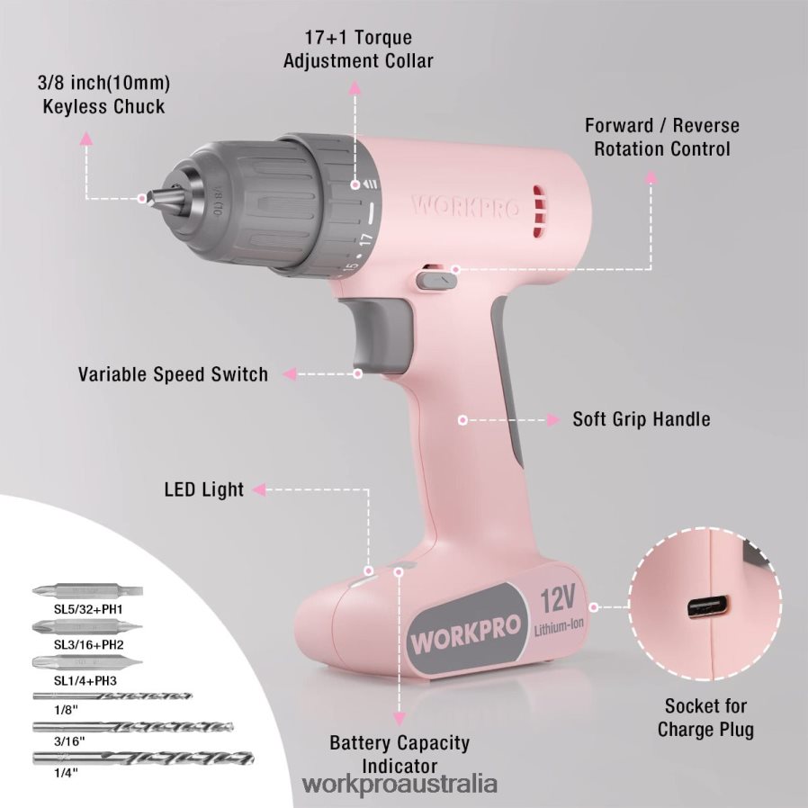 WORKPRO 12V Cordless Drill Driver Set with 6 Pcs Bits 3/8-Inch Keyless Chuck Variable Speed 18 Touque Setting D4R0VT175 Tool Pink/White