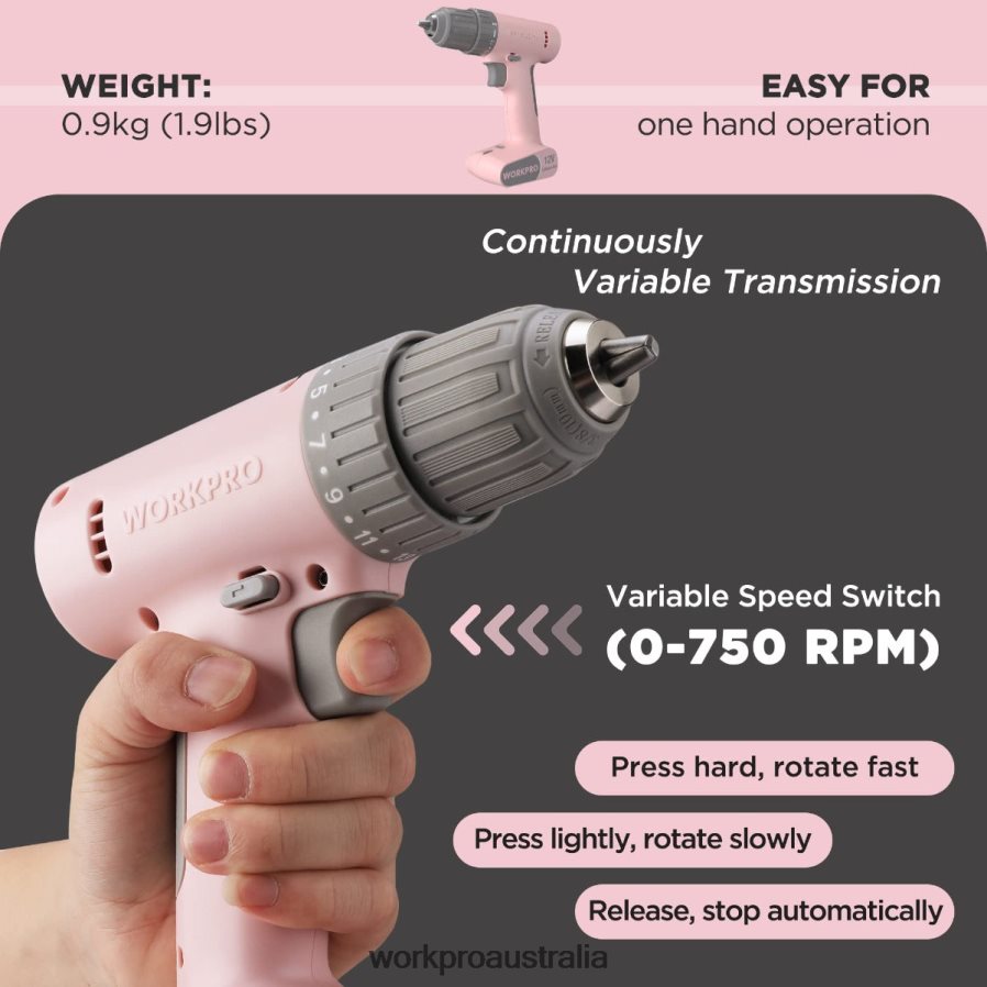 WORKPRO 12V Cordless Drill Driver Set with 6 Pcs Bits 3/8-Inch Keyless Chuck Variable Speed 18 Touque Setting D4R0VT175 Tool Pink/White