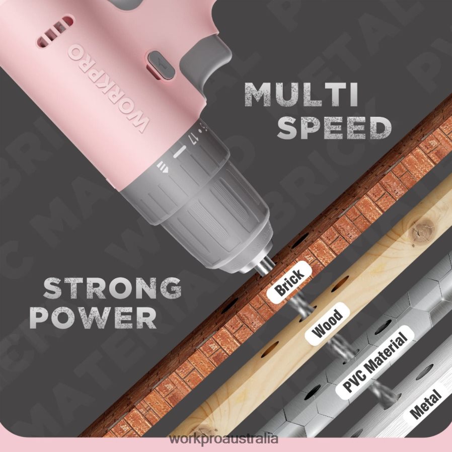 WORKPRO 12V Cordless Drill Driver Set with 6 Pcs Bits 3/8-Inch Keyless Chuck Variable Speed 18 Touque Setting D4R0VT175 Tool Pink/White