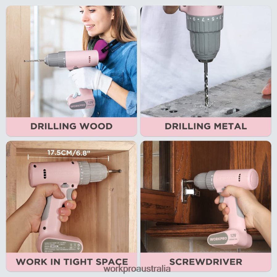 WORKPRO 12V Cordless Drill Driver Set with 6 Pcs Bits 3/8-Inch Keyless Chuck Variable Speed 18 Touque Setting D4R0VT175 Tool Pink/White