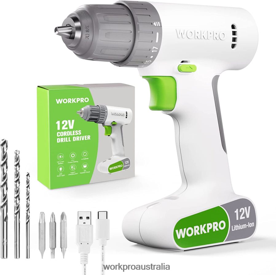 WORKPRO 12V Cordless Drill Driver Set with 6 Pcs Bits 3/8-Inch Keyless Chuck Variable Speed 18 Touque Setting D4R0VT175 Tool Pink/White