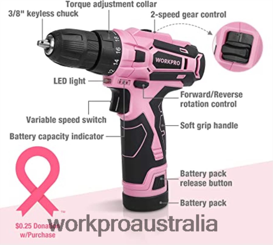 WORKPRO 12V Cordless Drill Set  6-in-1 Staple Gun  8 Pcs Magnetic Screwdrivers Set  Cordless Hot Melt Glue Gun D4R0VT313 Tool Pink