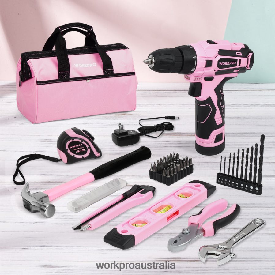 WORKPRO 12V Cordless Drill and Home Tool Kit with 14-inch Storage Bag D4R0VT258 Tool Pink