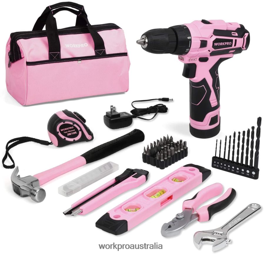 WORKPRO 12V Cordless Drill and Home Tool Kit with 14-inch Storage Bag D4R0VT258 Tool Pink