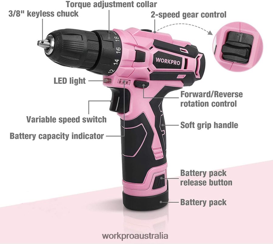 WORKPRO 12V Cordless Drill and Home Tool Kit with 14-inch Storage Bag D4R0VT258 Tool Pink