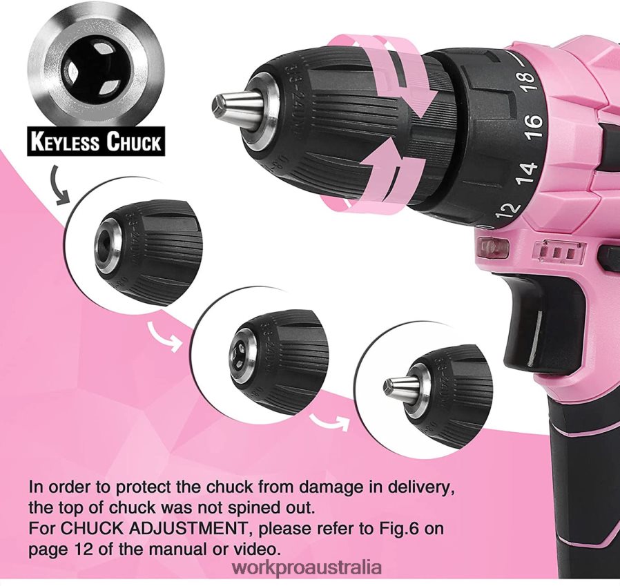 WORKPRO 12V Cordless Drill and Home Tool Kit with 14-inch Storage Bag D4R0VT258 Tool Pink