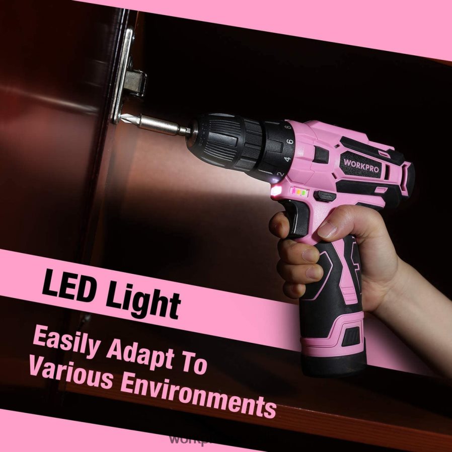 WORKPRO 12V Cordless Drill and Home Tool Kit with 14-inch Storage Bag D4R0VT258 Tool Pink