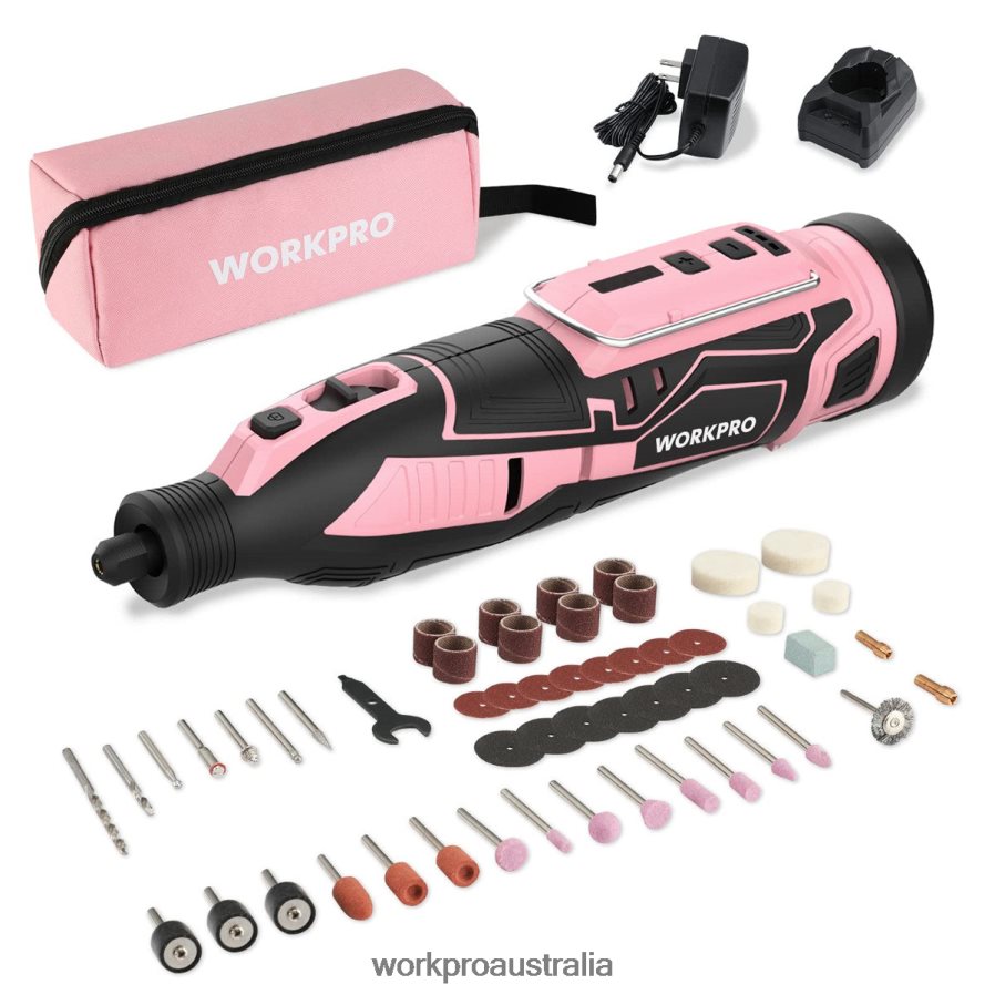 WORKPRO 12V Cordless Rotary Tool Kit 5 Variable Speeds 114 Easy Change Accessories D4R0VT267 Tool Pink