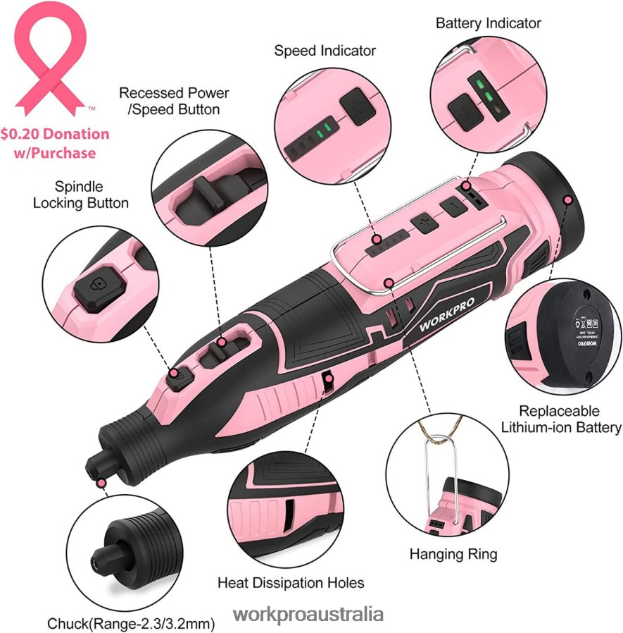 WORKPRO 12V Cordless Rotary Tool Kit 5 Variable Speeds 114 Easy Change Accessories D4R0VT267 Tool Pink