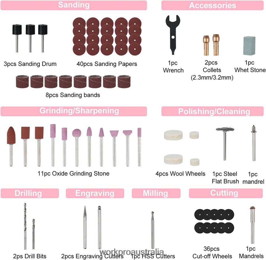 WORKPRO 12V Cordless Rotary Tool Kit 5 Variable Speeds 114 Easy Change Accessories D4R0VT267 Tool Pink