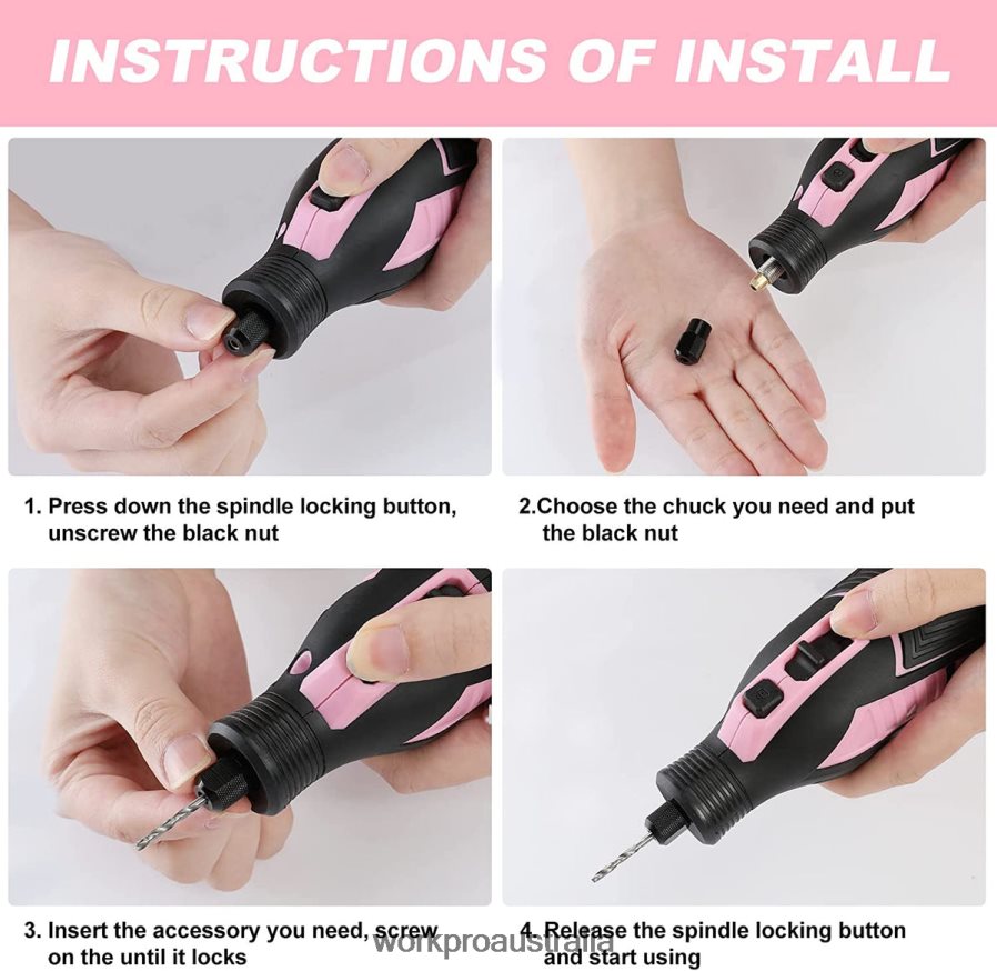 WORKPRO 12V Cordless Rotary Tool Kit 5 Variable Speeds 114 Easy Change Accessories D4R0VT267 Tool Pink