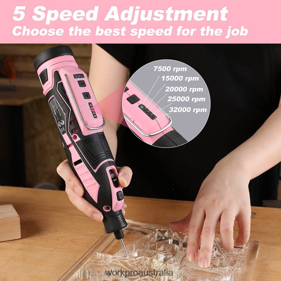 WORKPRO 12V Cordless Rotary Tool Kit 5 Variable Speeds 114 Easy Change Accessories D4R0VT267 Tool Pink
