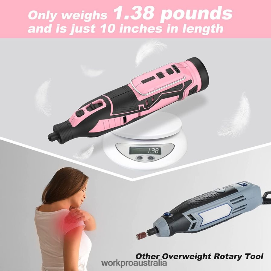 WORKPRO 12V Cordless Rotary Tool Kit 5 Variable Speeds 114 Easy Change Accessories D4R0VT267 Tool Pink
