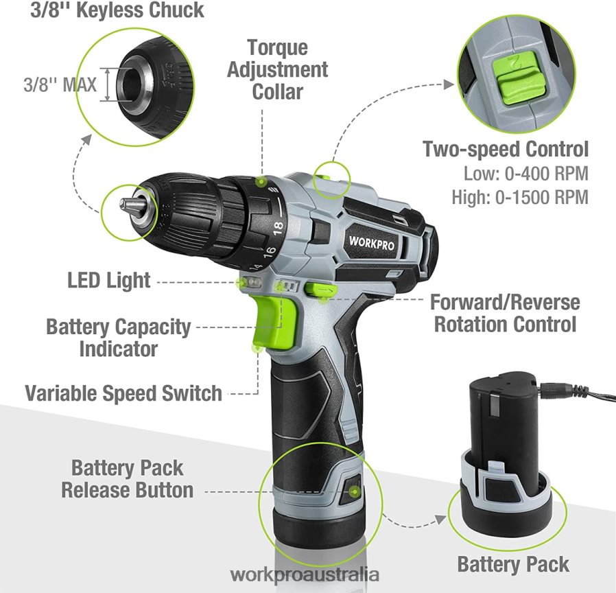 WORKPRO 12V Electric Cordless Drill Driver Kit Keyless Chuck Charger and Storage Bag Included D4R0VT177 Tool Green