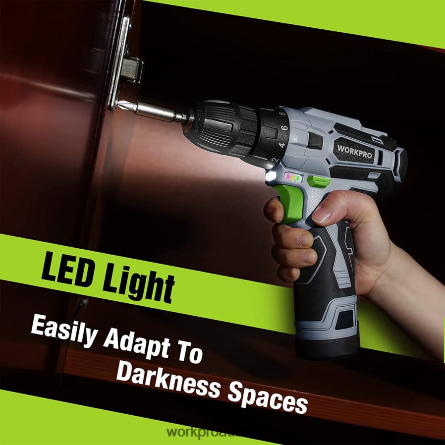 WORKPRO 12V Electric Cordless Drill Driver Kit Keyless Chuck Charger and Storage Bag Included D4R0VT177 Tool Green