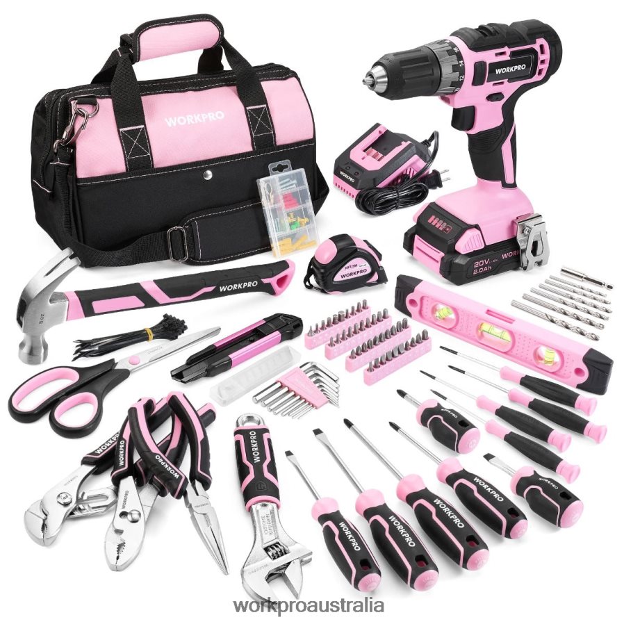 WORKPRO 157-Piece Cordless Drill Combo Kit with 20V Cordless Lithium-ion D4R0VT259 Tool Pink/Grey