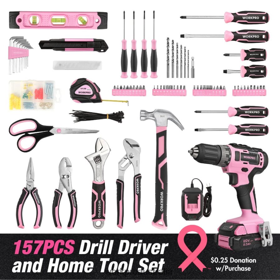 WORKPRO 157-Piece Cordless Drill Combo Kit with 20V Cordless Lithium-ion D4R0VT259 Tool Pink/Grey