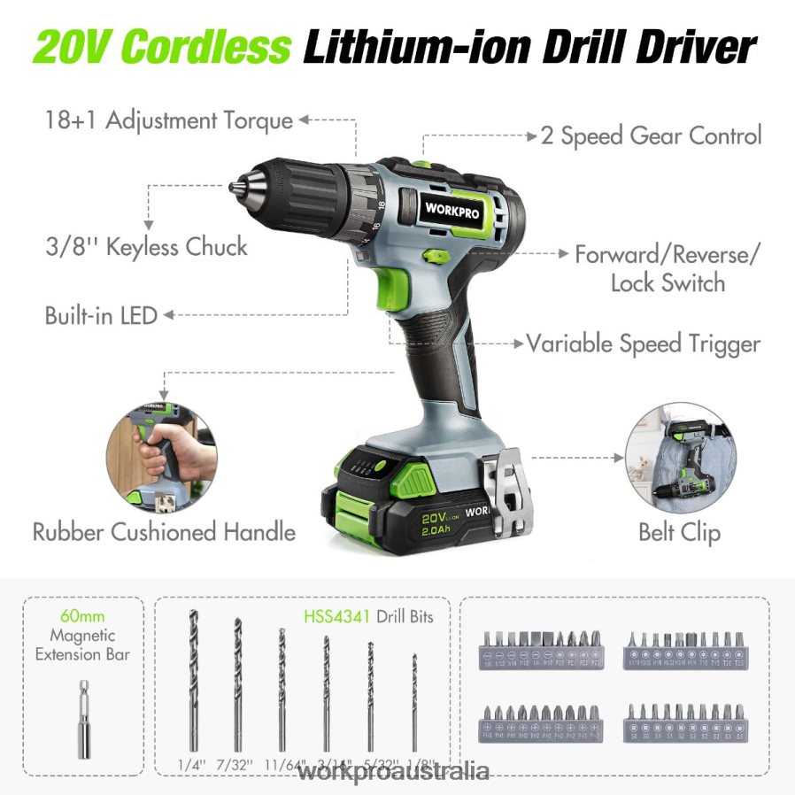 WORKPRO 157-Piece Cordless Drill Combo Kit with 20V Cordless Lithium-ion D4R0VT259 Tool Pink/Grey