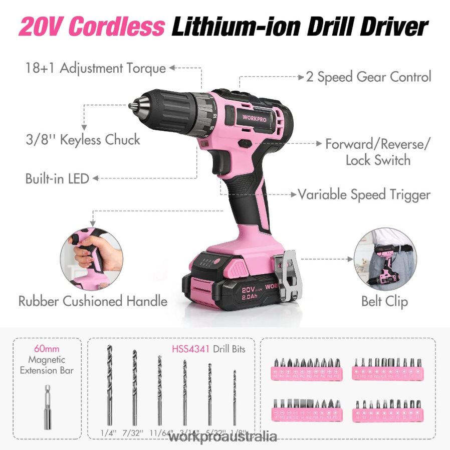 WORKPRO 157-Piece Cordless Drill Combo Kit with 20V Cordless Lithium-ion D4R0VT259 Tool Pink/Grey