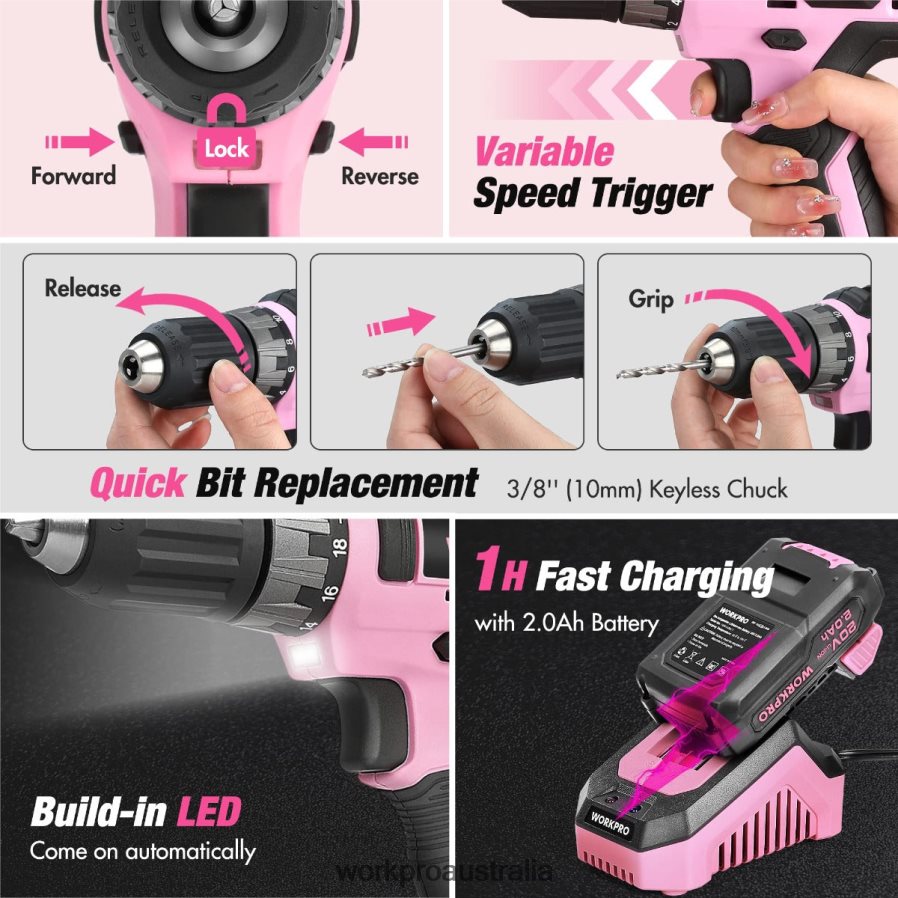 WORKPRO 157-Piece Cordless Drill Combo Kit with 20V Cordless Lithium-ion D4R0VT259 Tool Pink/Grey