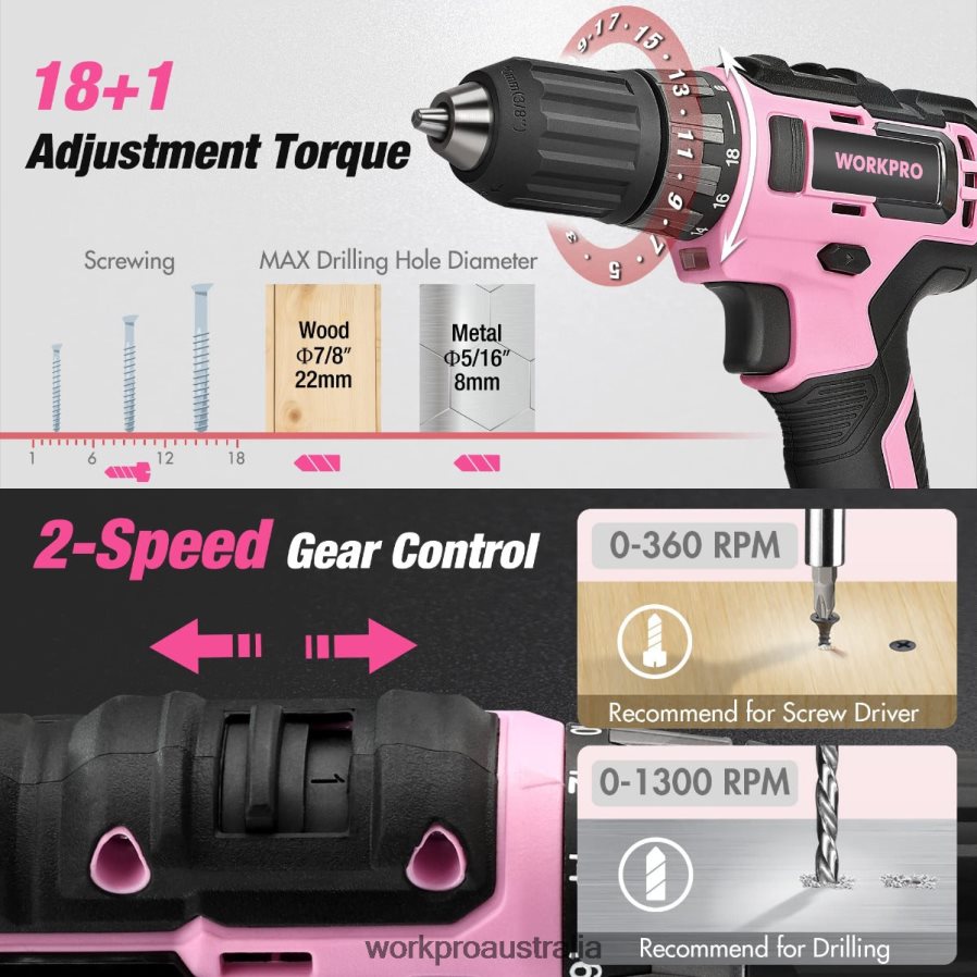 WORKPRO 157-Piece Cordless Drill Combo Kit with 20V Cordless Lithium-ion D4R0VT259 Tool Pink/Grey