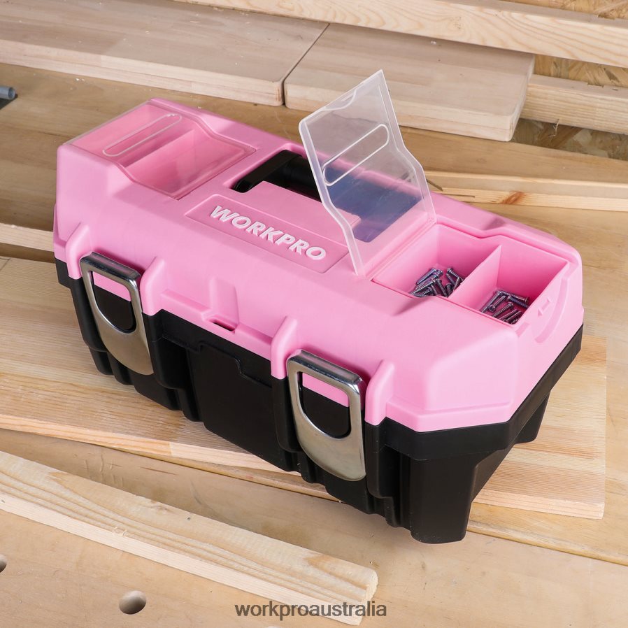 WORKPRO 16-inch Tool Box Plastic Toolbox with Metal Latch and Removable Tray D4R0VT23 Storage Pink