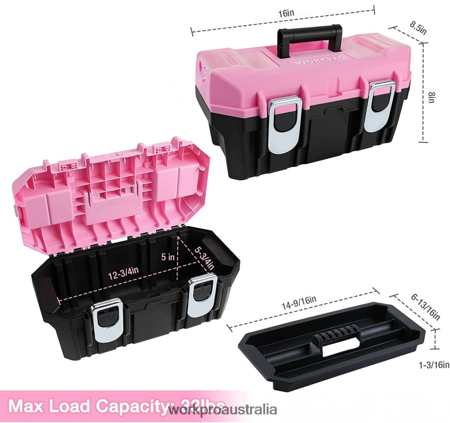WORKPRO 16-inch Tool Box Plastic Toolbox with Metal Latch and Removable Tray D4R0VT23 Storage Pink