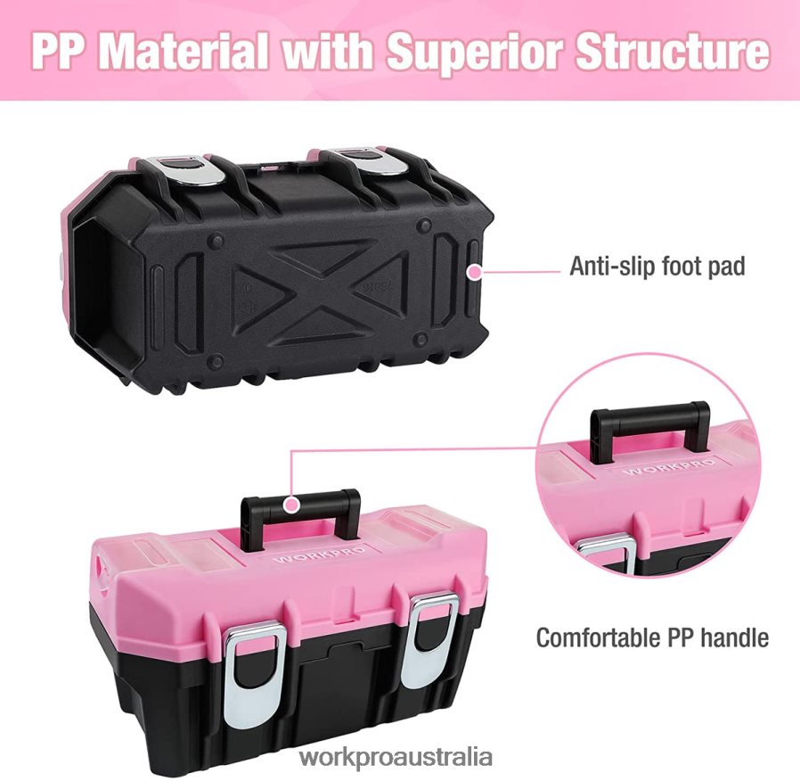 WORKPRO 16-inch Tool Box Plastic Toolbox with Metal Latch and Removable Tray D4R0VT23 Storage Pink