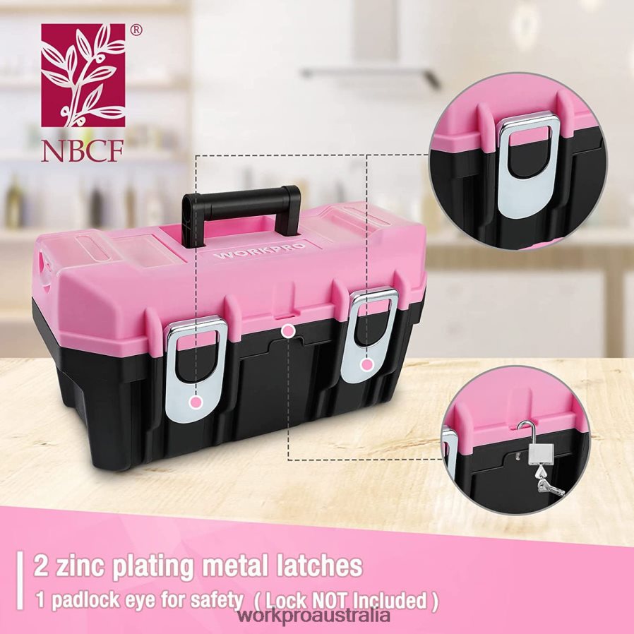 WORKPRO 16-inch Tool Box Plastic Toolbox with Metal Latch and Removable Tray D4R0VT23 Storage Pink